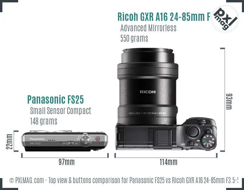 Panasonic FS25 vs Ricoh GXR A16 24-85mm F3.5-5.5 top view buttons comparison