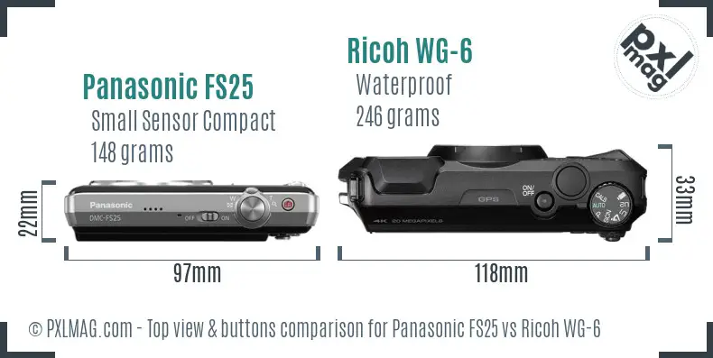 Panasonic FS25 vs Ricoh WG-6 top view buttons comparison Panasonic FS25 vs Ricoh WG-6 top view buttons comparison