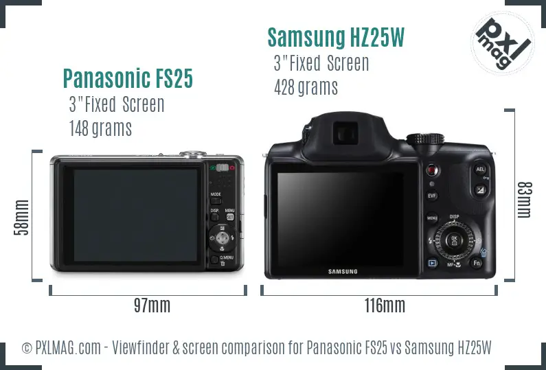 Panasonic FS25 vs Samsung HZ25W Screen and Viewfinder comparison