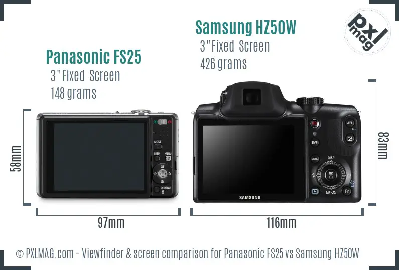 Panasonic FS25 vs Samsung HZ50W Screen and Viewfinder comparison