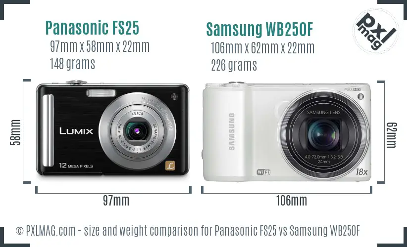 Panasonic FS25 vs Samsung WB250F size comparison