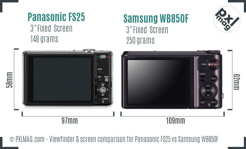 Panasonic FS25 vs Samsung WB850F Screen and Viewfinder comparison