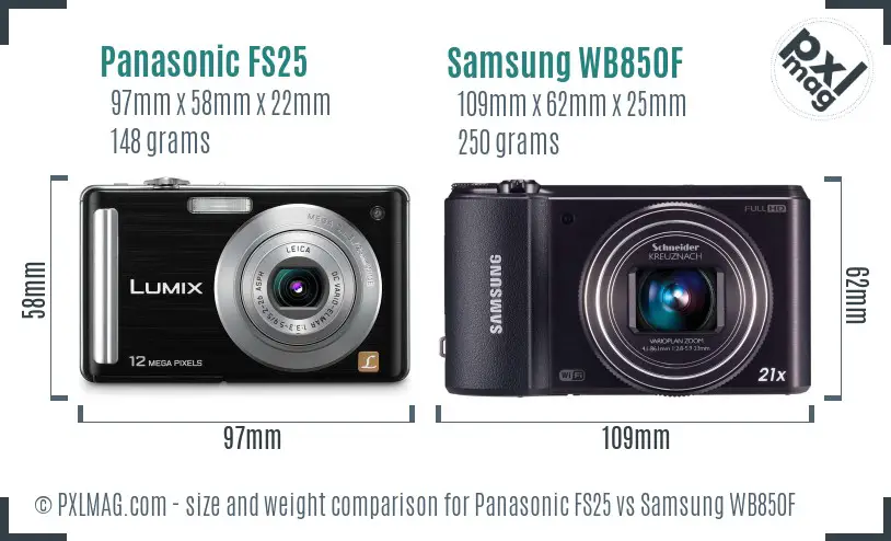 Panasonic FS25 vs Samsung WB850F size comparison