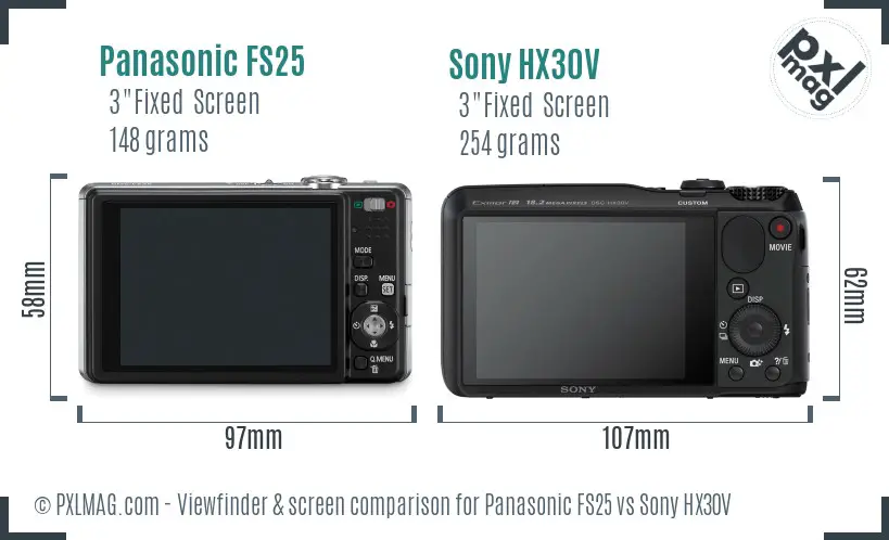 Panasonic FS25 vs Sony HX30V Screen and Viewfinder comparison