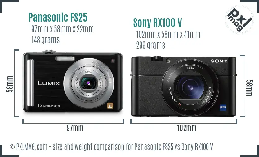 Panasonic FS25 vs Sony RX100 V size comparison