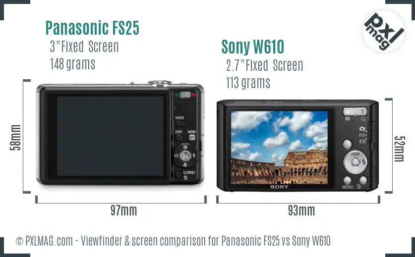 Panasonic FS25 vs Sony W610 Screen and Viewfinder comparison