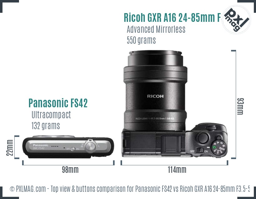 Panasonic FS42 vs Ricoh GXR A16 24-85mm F3.5-5.5 top view buttons comparison