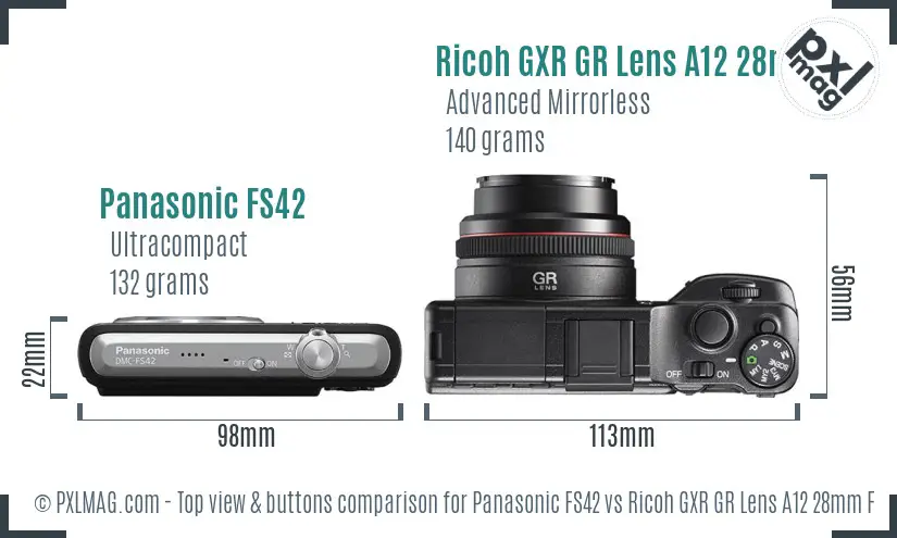 Panasonic FS42 vs Ricoh GXR GR Lens A12 28mm F2.5 top view buttons comparison Panasonic FS42 vs Ricoh GXR GR Lens A12 28mm F2.5 top view buttons comparison