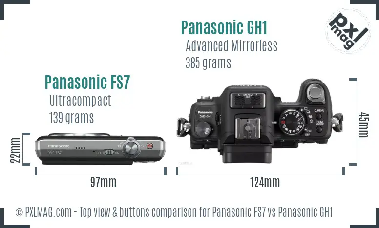 Panasonic FS7 vs Panasonic GH1 top view buttons comparison