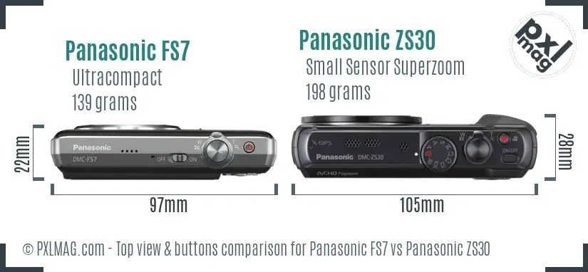 Panasonic FS7 vs Panasonic ZS30 top view buttons comparison