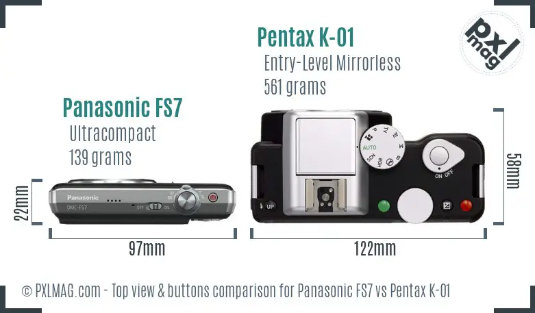 Panasonic FS7 vs Pentax K-01 top view buttons comparison