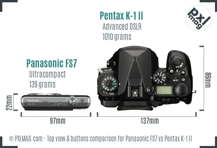 Panasonic FS7 vs Pentax K-1 II top view buttons comparison