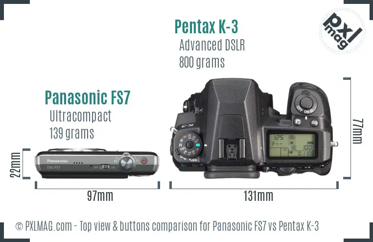 Panasonic FS7 vs Pentax K-3 top view buttons comparison