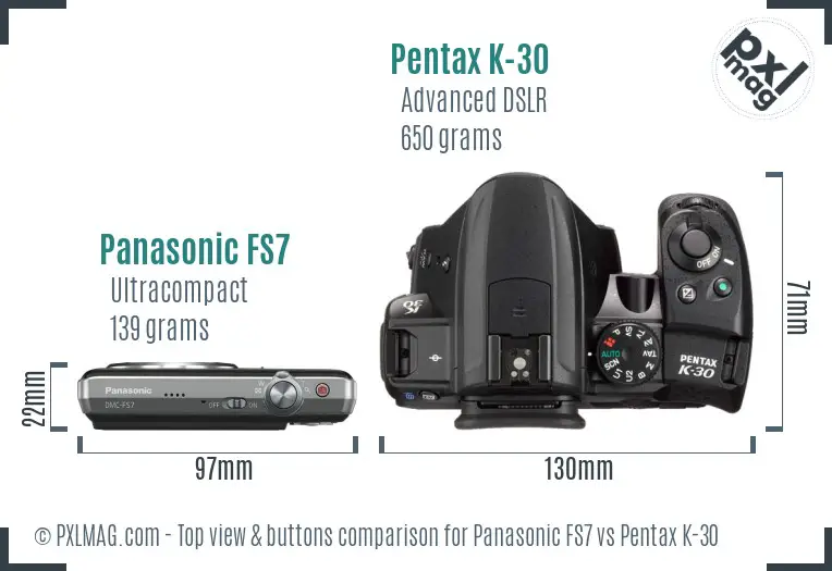 Panasonic FS7 vs Pentax K-30 top view buttons comparison