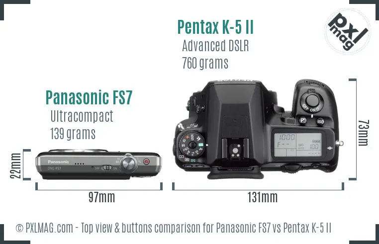 Panasonic FS7 vs Pentax K-5 II top view buttons comparison