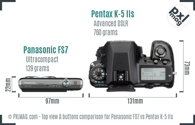 Panasonic FS7 vs Pentax K-5 IIs top view buttons comparison