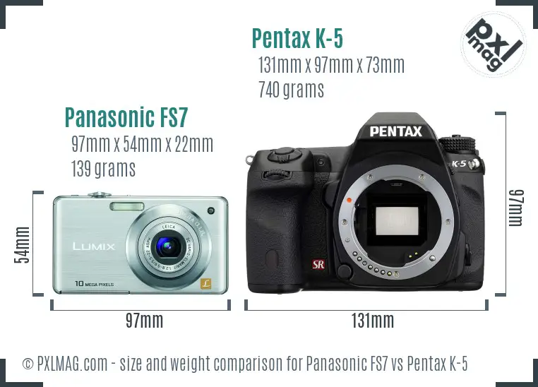 Panasonic FS7 vs Pentax K-5 size comparison