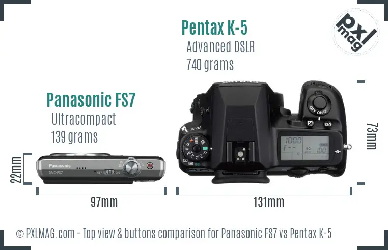 Panasonic FS7 vs Pentax K-5 top view buttons comparison