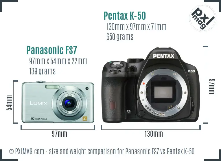 Panasonic FS7 vs Pentax K-50 size comparison