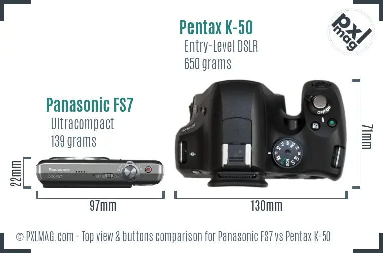 Panasonic FS7 vs Pentax K-50 top view buttons comparison