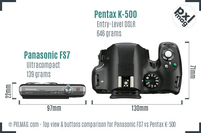 Panasonic FS7 vs Pentax K-500 top view buttons comparison