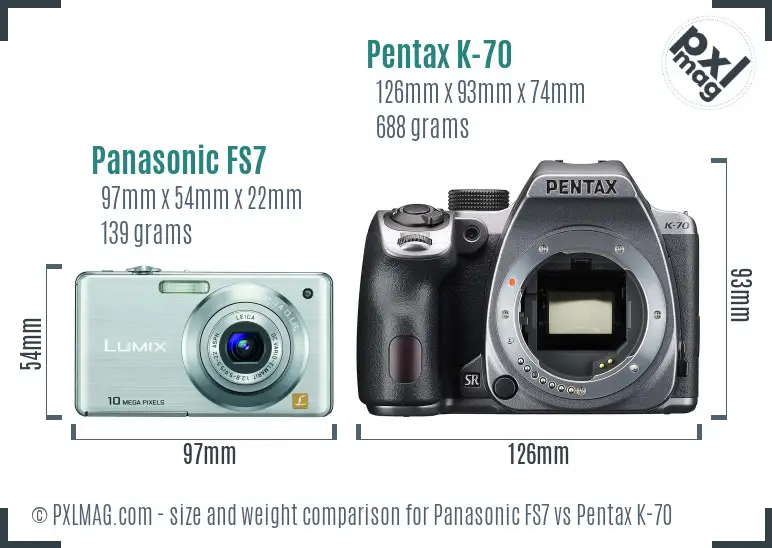 Panasonic FS7 vs Pentax K-70 size comparison