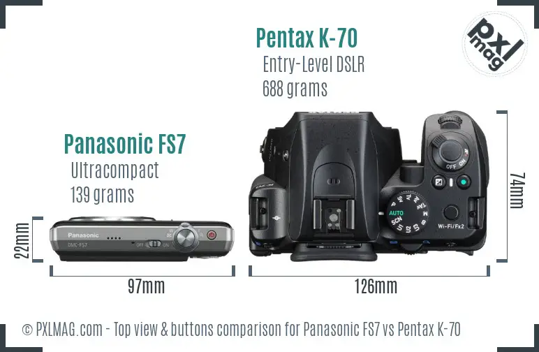 Panasonic FS7 vs Pentax K-70 top view buttons comparison