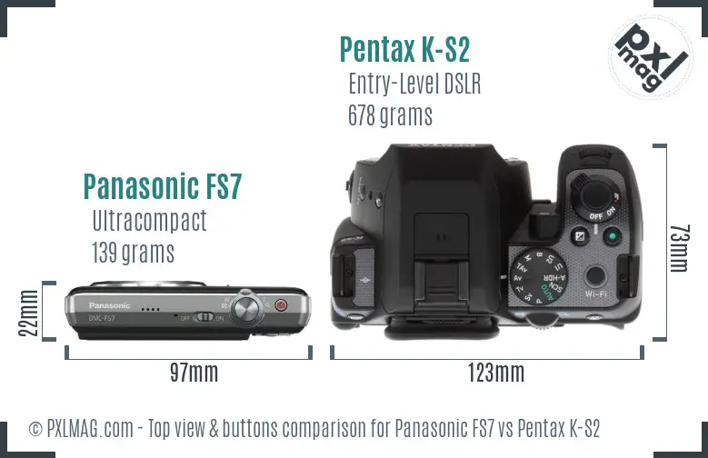 Panasonic FS7 vs Pentax K-S2 top view buttons comparison