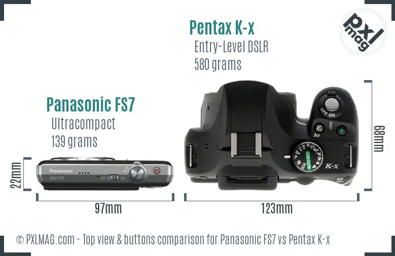 Panasonic FS7 vs Pentax K-x top view buttons comparison