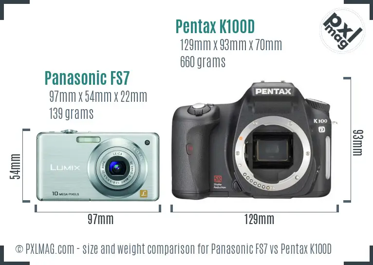 Panasonic FS7 vs Pentax K100D size comparison