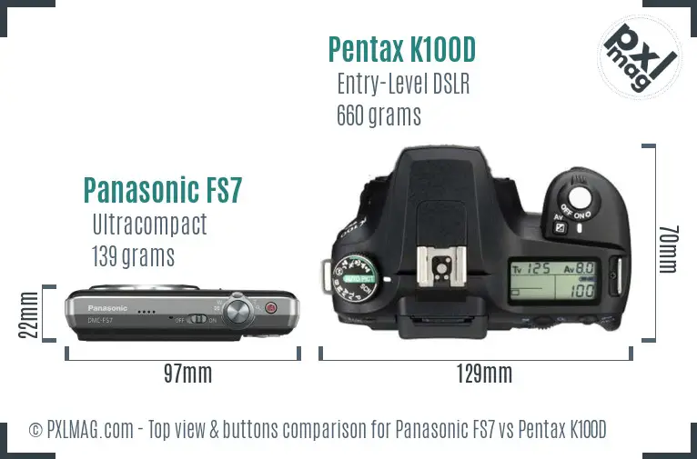 Panasonic FS7 vs Pentax K100D top view buttons comparison