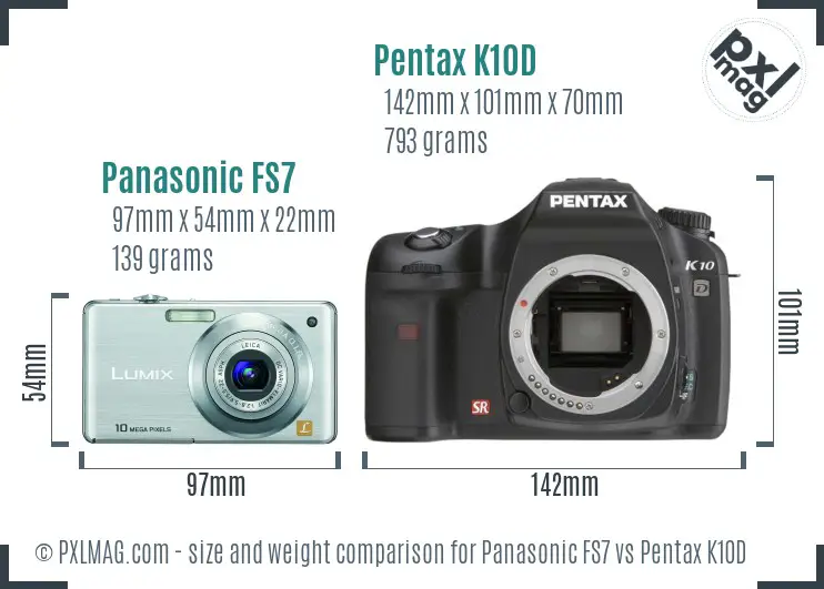 Panasonic FS7 vs Pentax K10D size comparison
