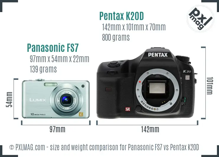 Panasonic FS7 vs Pentax K20D size comparison