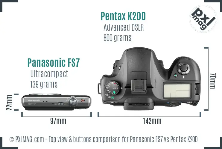 Panasonic FS7 vs Pentax K20D top view buttons comparison