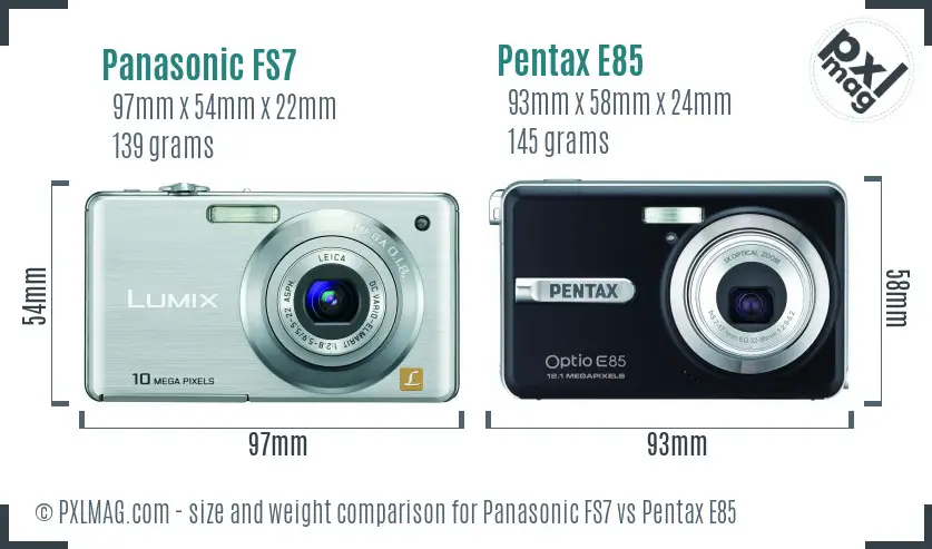Panasonic FS7 vs Pentax E85 size comparison