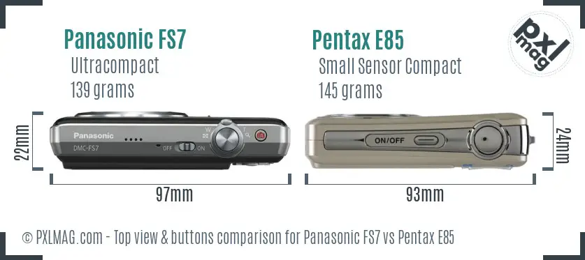 Panasonic FS7 vs Pentax E85 top view buttons comparison