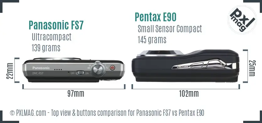 Panasonic FS7 vs Pentax E90 top view buttons comparison