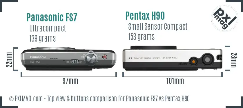 Panasonic FS7 vs Pentax H90 top view buttons comparison