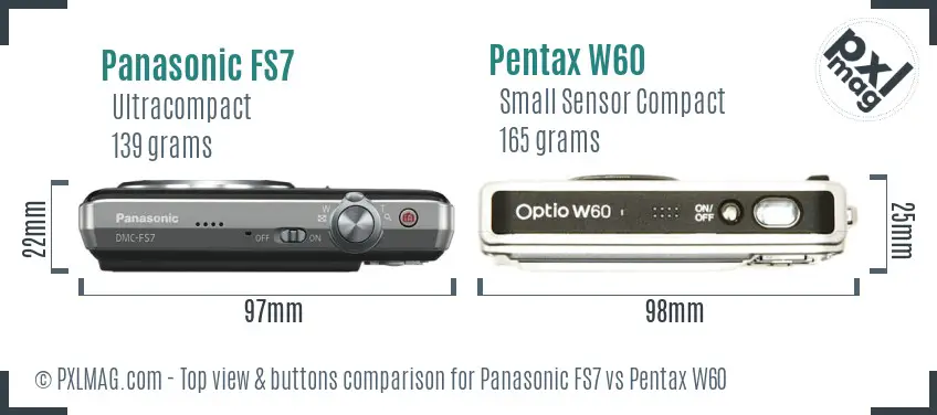 Panasonic FS7 vs Pentax W60 top view buttons comparison