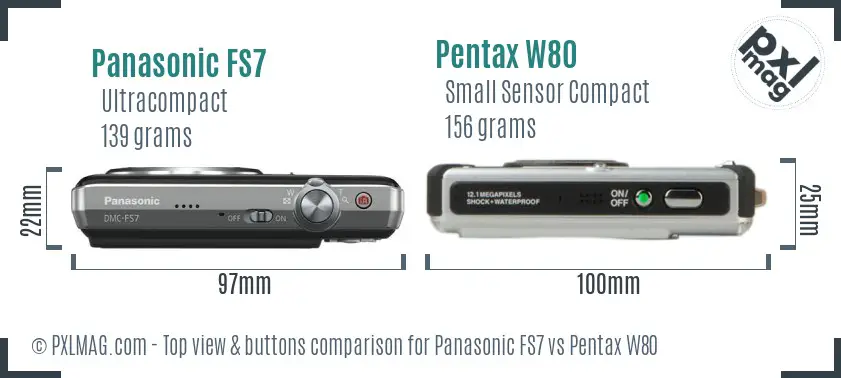 Panasonic FS7 vs Pentax W80 top view buttons comparison
