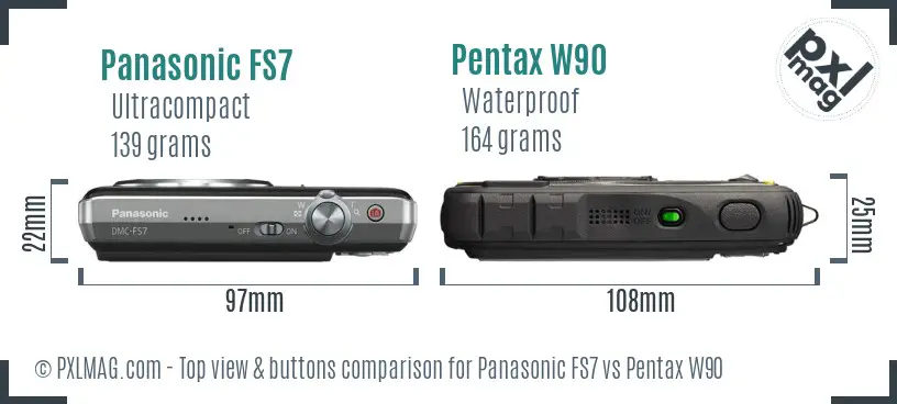Panasonic FS7 vs Pentax W90 top view buttons comparison