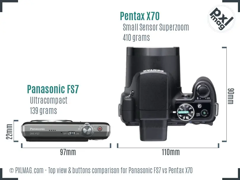 Panasonic FS7 vs Pentax X70 top view buttons comparison