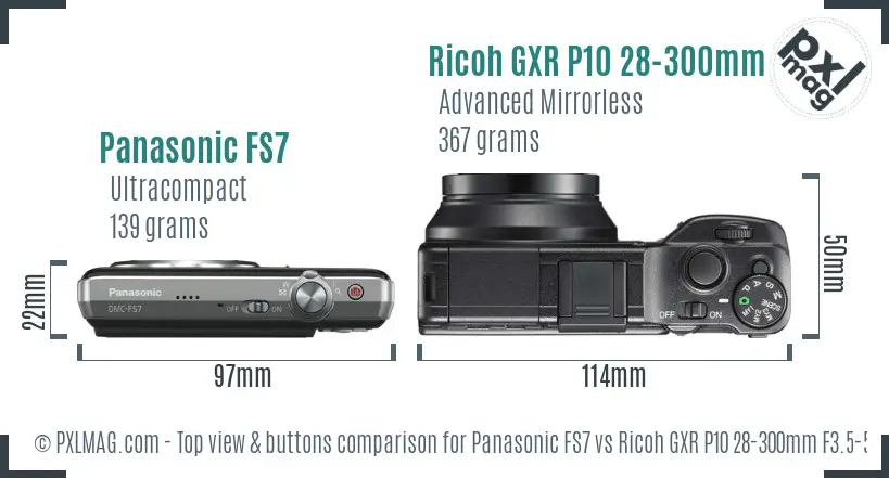 Panasonic FS7 vs Ricoh GXR P10 28-300mm F3.5-5.6 VC top view buttons comparison