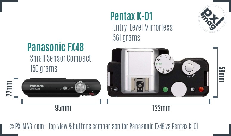 Panasonic FX48 vs Pentax K-01 top view buttons comparison