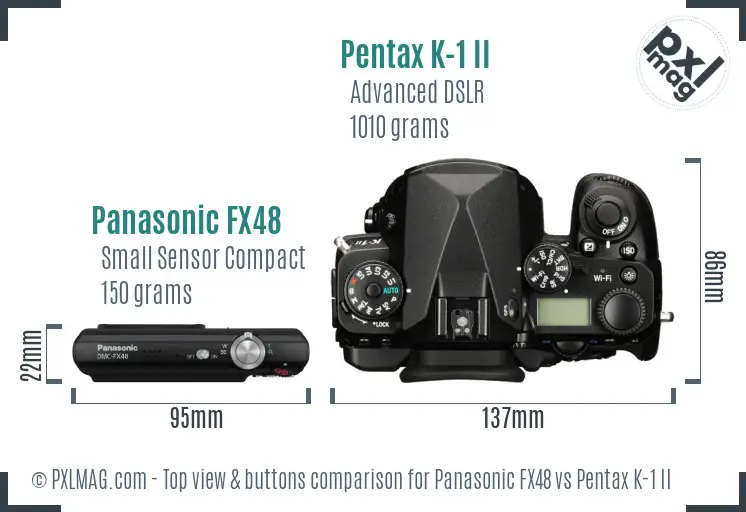 Panasonic FX48 vs Pentax K-1 II top view buttons comparison