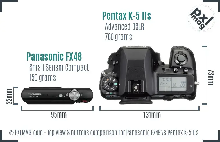 Panasonic FX48 vs Pentax K-5 IIs top view buttons comparison