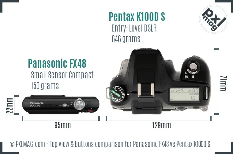 Panasonic FX48 vs Pentax K100D S top view buttons comparison