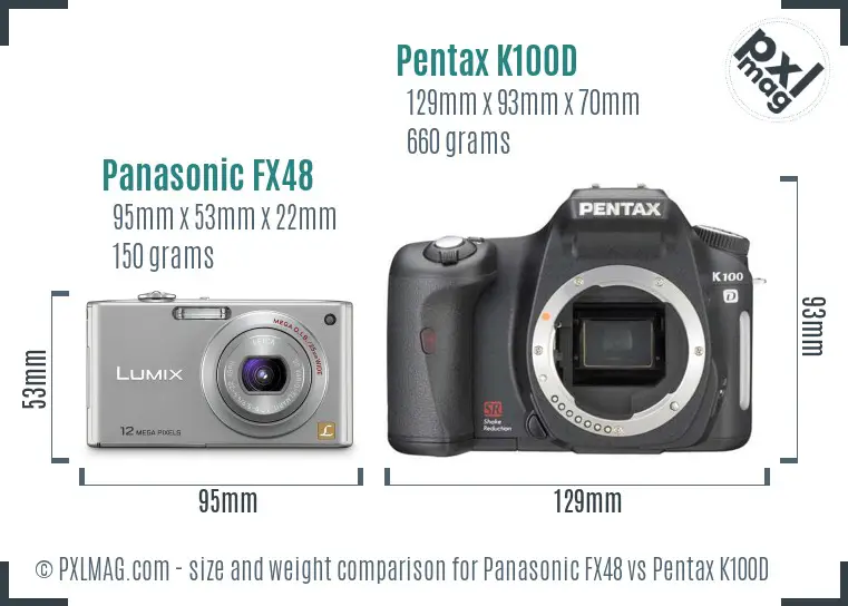 Panasonic FX48 vs Pentax K100D size comparison