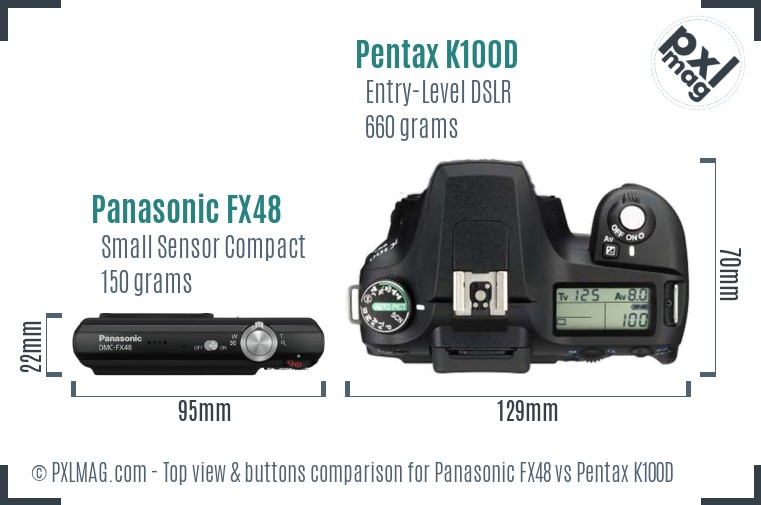 Panasonic FX48 vs Pentax K100D top view buttons comparison