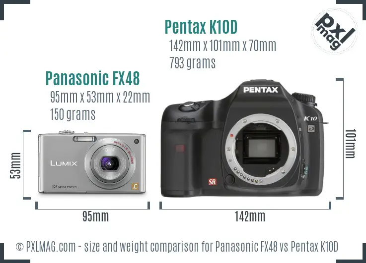 Panasonic FX48 vs Pentax K10D size comparison